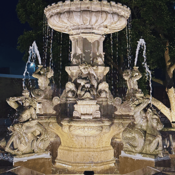 Fountain outside The Great Revivalist, lit by the team at Point Electric.