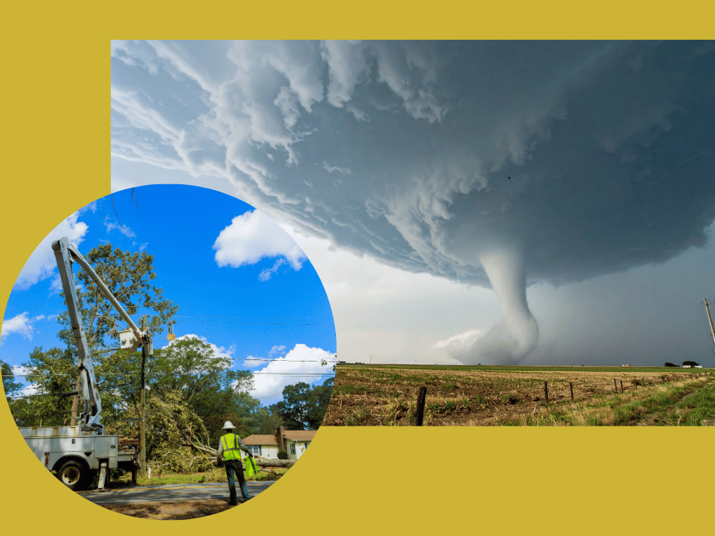 A split-view image showing a tornado forming over open land and a large tree fallen over downed power lines, highlighting the need for backup generators in the Quad Cities.
