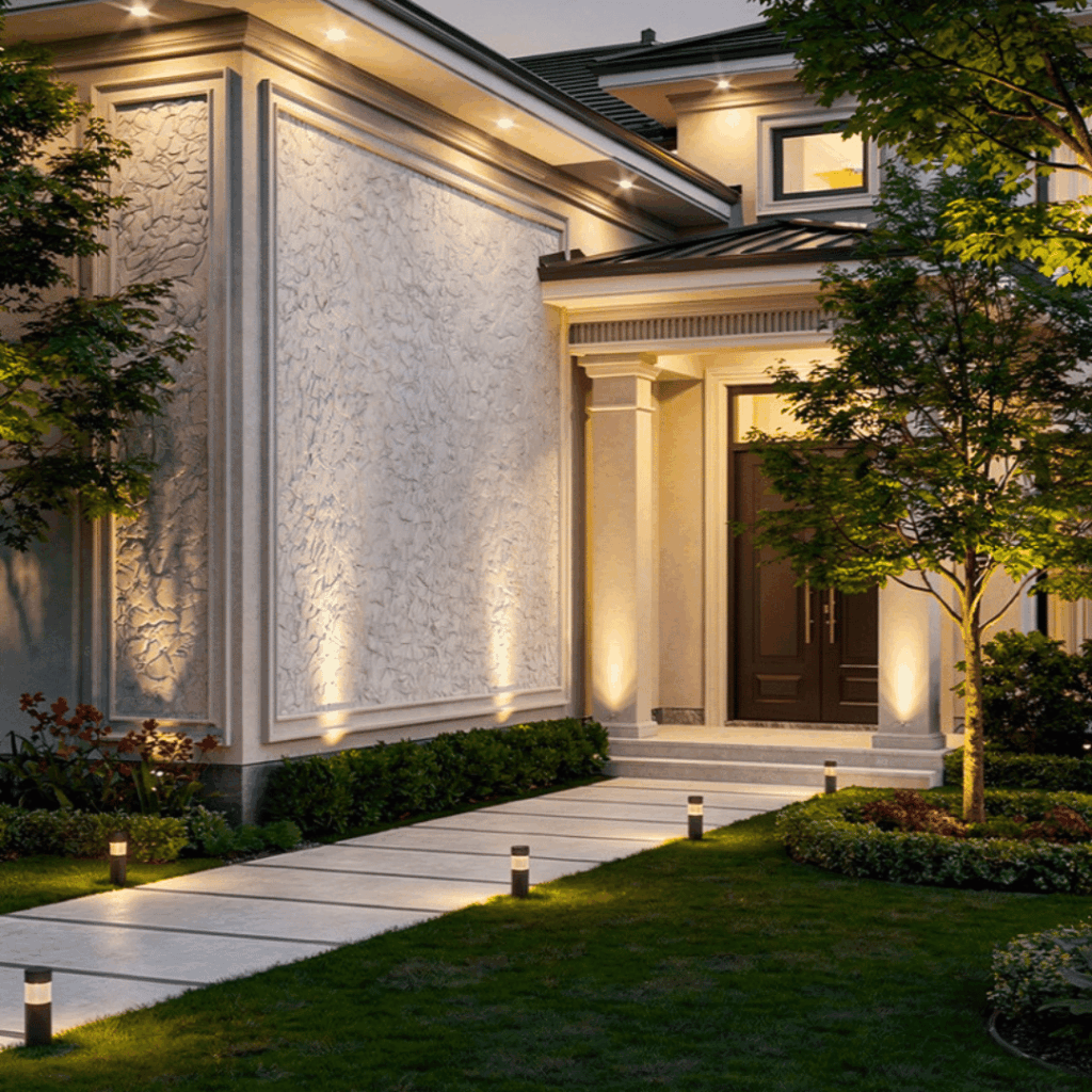 Answering the question "is outdoor lighting worth it" showing a home with outdoor LED's