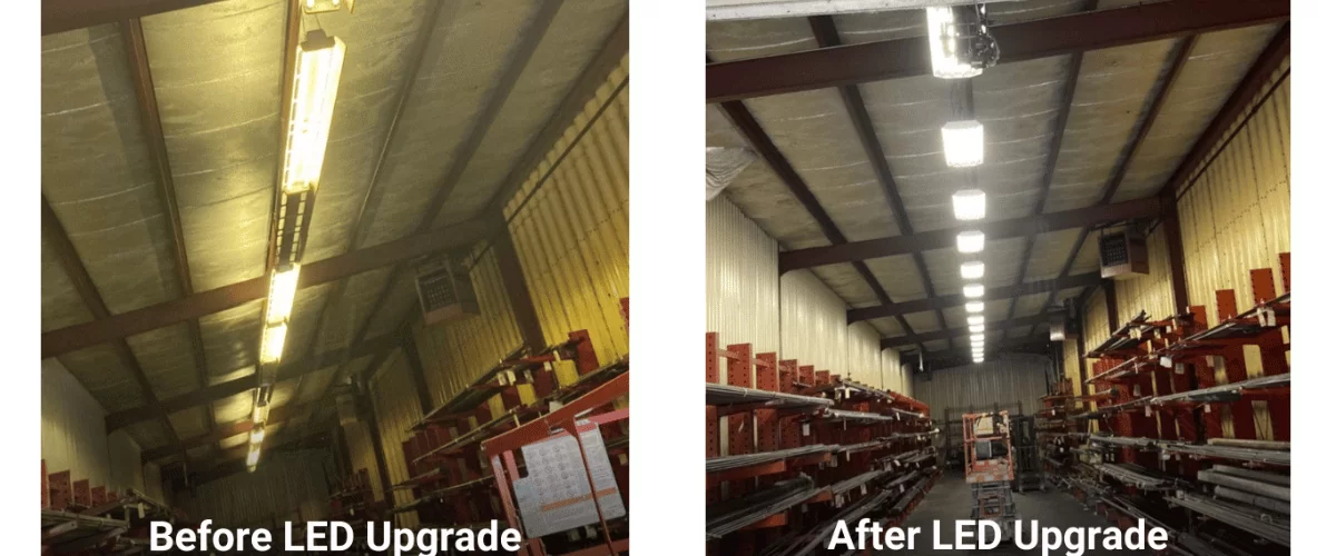 Images showing the before and after of an Industrial building after LED Upgrades.